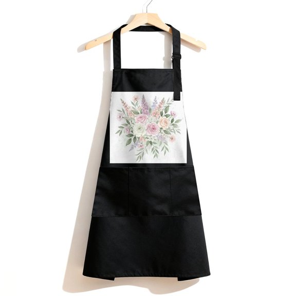 RKSupls Waterproof Bib Apron with 3 Pockets, Pink Flowers And Leaves On Beige Watercolor Floral Adjustable Neck Strap Soft 100% Polyester Water Resistant Apron for Kitchen Restaurant Home Use
