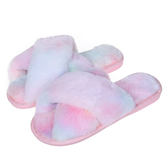 Mightlink 1 Pair Women Slippers Colorful Plush Non-slip Deodorant Anti Skid Keep Warm Winter Cross Fluffy Slippers for Home