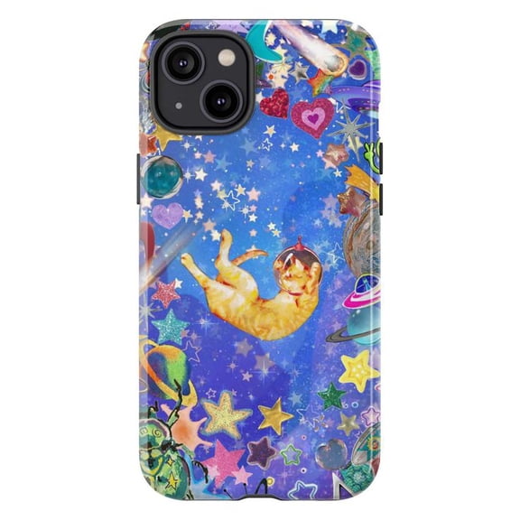 Vibrant Cosmic Cat Phone Case, Floating Feline Planet Star Cute Art Cover for iPhone 17 16 15 14 13 12 11 Pro Plus Mini