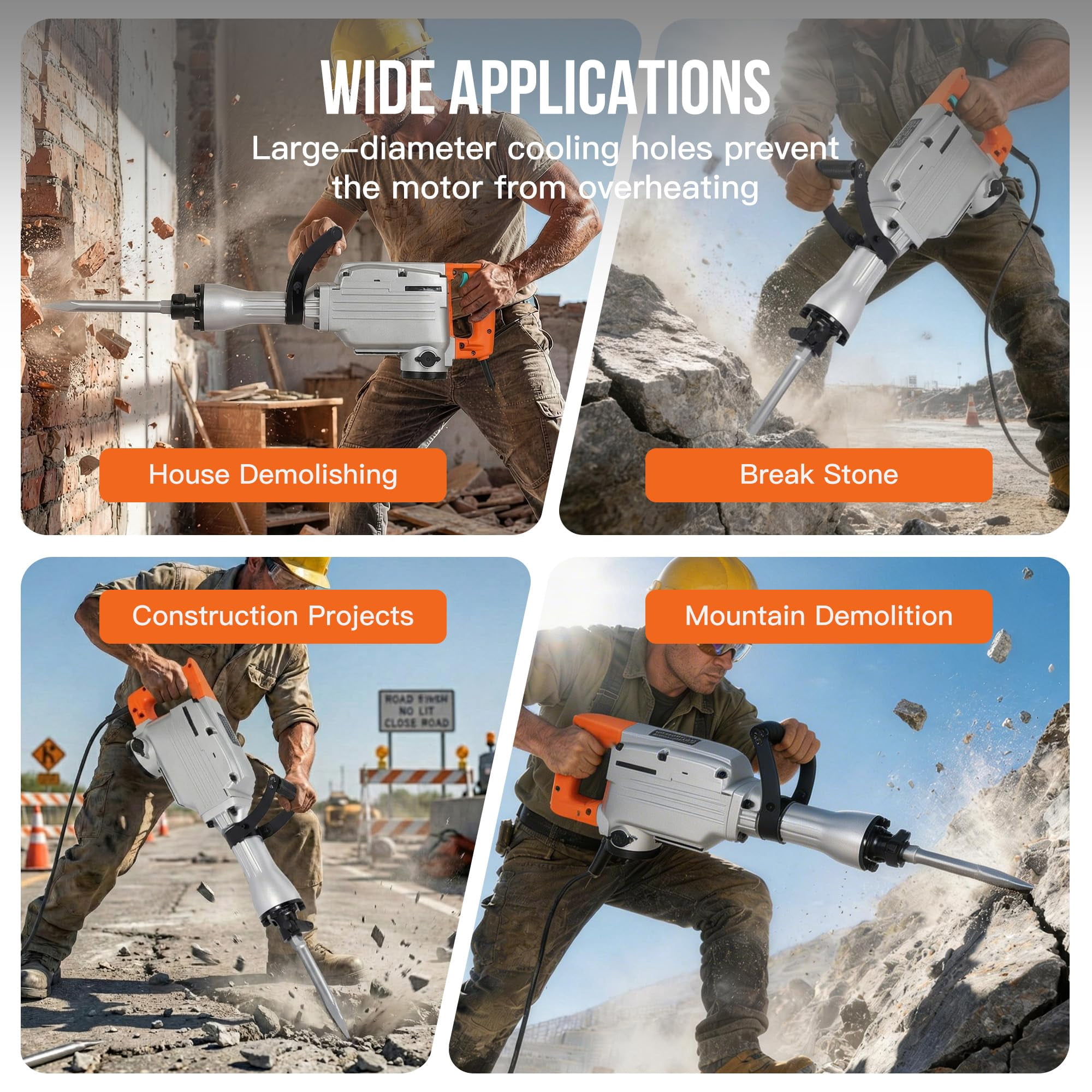 Electric Demolition Jackhammer 1500W Concrete Breaker 1800BPM 50J, Heavy Duty Demolition Hammer with Adjustable Anti-Vibration Handle, Safety Clutch, Carrying Case & 3 Chisels