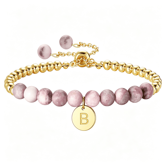 DESIGNICE Initial Bracelets for Girls Kids - Pink Zebra Natural Stone Disc/Heart Initial Bracelet Adjustable Gold/Silver Beaded Bracelets for Girls Kids Teen Girl Jewelry Birthday Gifts
