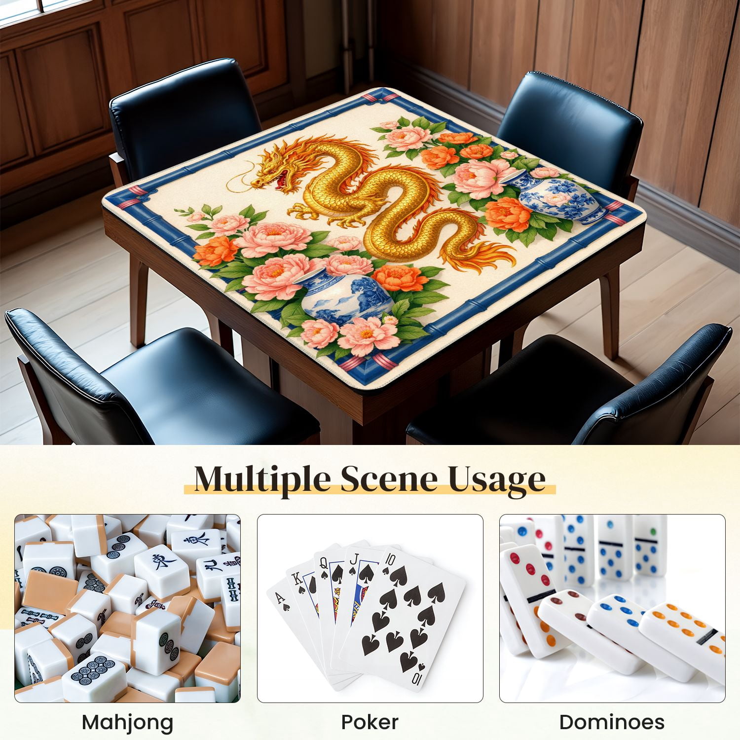 Mahjong Mat 31.5" x 31.5" Golden Chinese Dragon Pink Peonies Blue Vases Floral Non-Slip Noise Reduction Mahjong Tiles Table Cover for Dominoes Poker Card Board and Tile Games