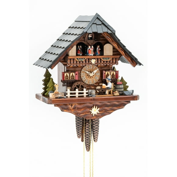 Cuckoo Clock Black Forest house with moving beer drinker and mill wheel