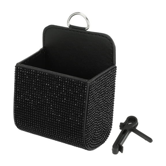 Unique Bargains Universal 3.5" Length 2.4" Width 4.7" Height Car Trash Can Hanging Trash Bin Faux Leather Rhinestones 1 Pc Black