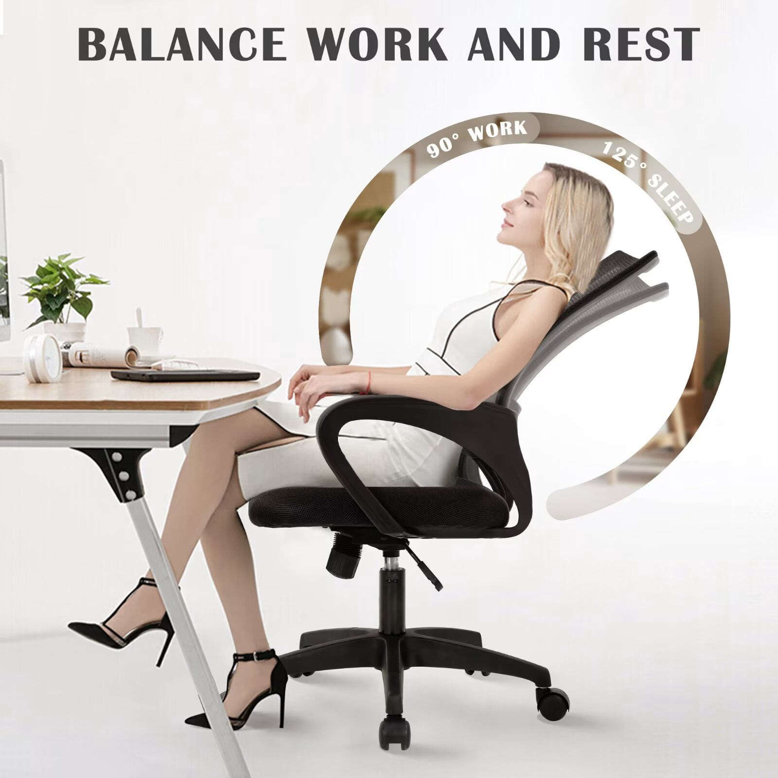 YRLLENSDAN Mesh Office Chair with Lumbar Support and Armrest, Comfortable Desk Chairs with Wheel, Home Swivel Chair with Adjustable Height and Tilt, Black, 2 Pack