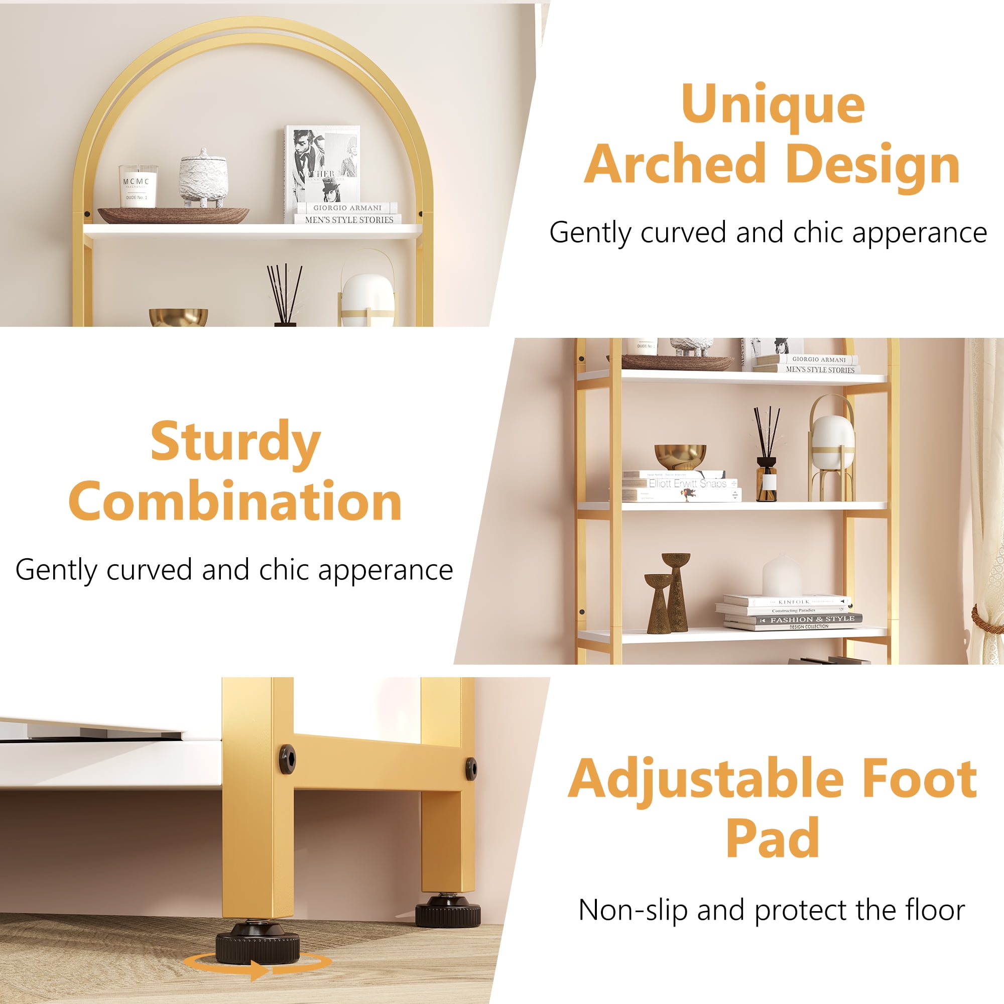 Towallmark 4-Tier Gold Bookshelf with Doors StorageBook Shelf, 71.5“ Tall Arched Book Shelf with Studry Metal Frame and Quality Board for Bedroom Living Room
