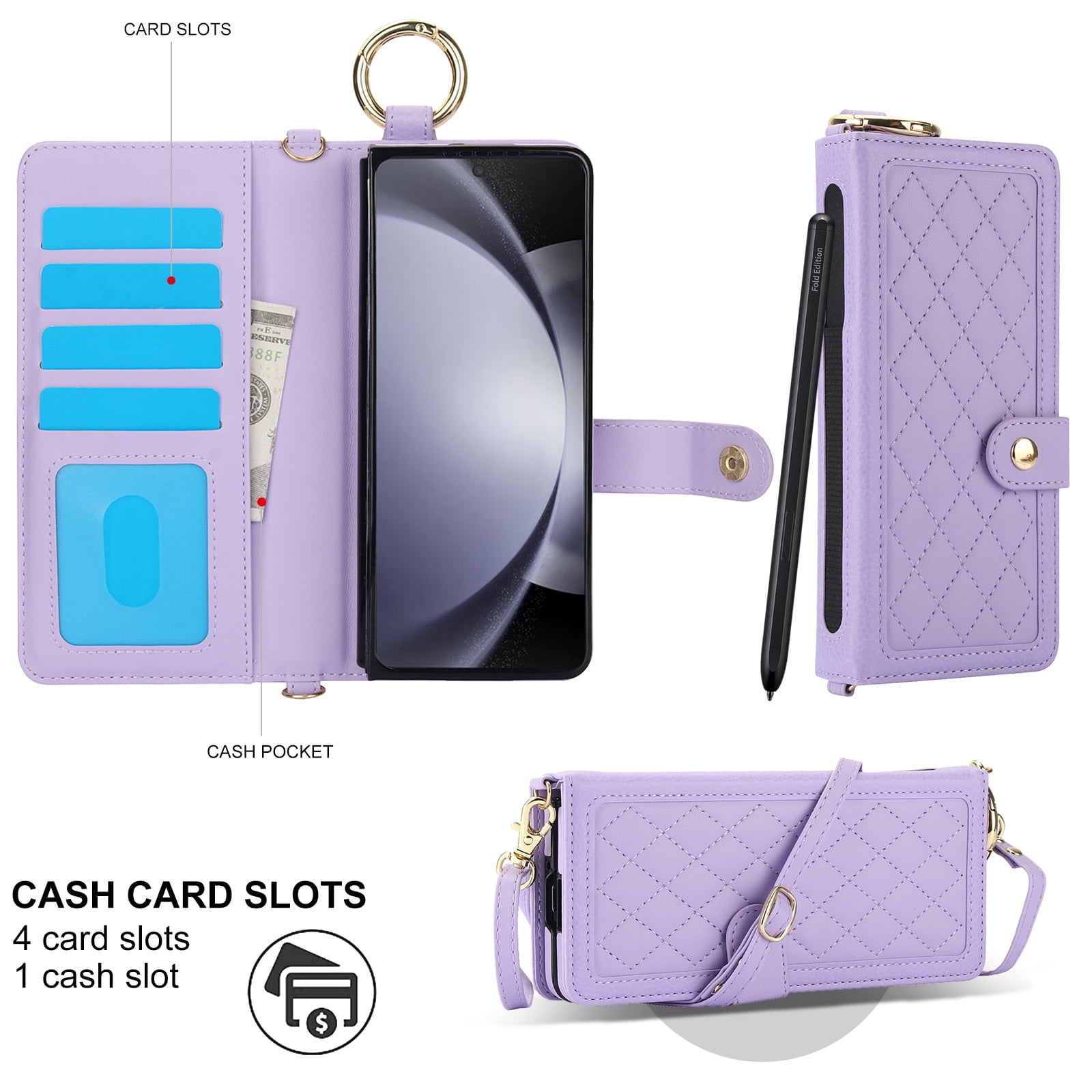 ShellTech Phone Case for Samsung Galaxy Z Fold 7 2025 Flip Leather Wallet Cover with S Pen Holder & Crossbody Lanyard Strap Credit Card Slot RFID Blocking Women Men Girls,Lightpurple