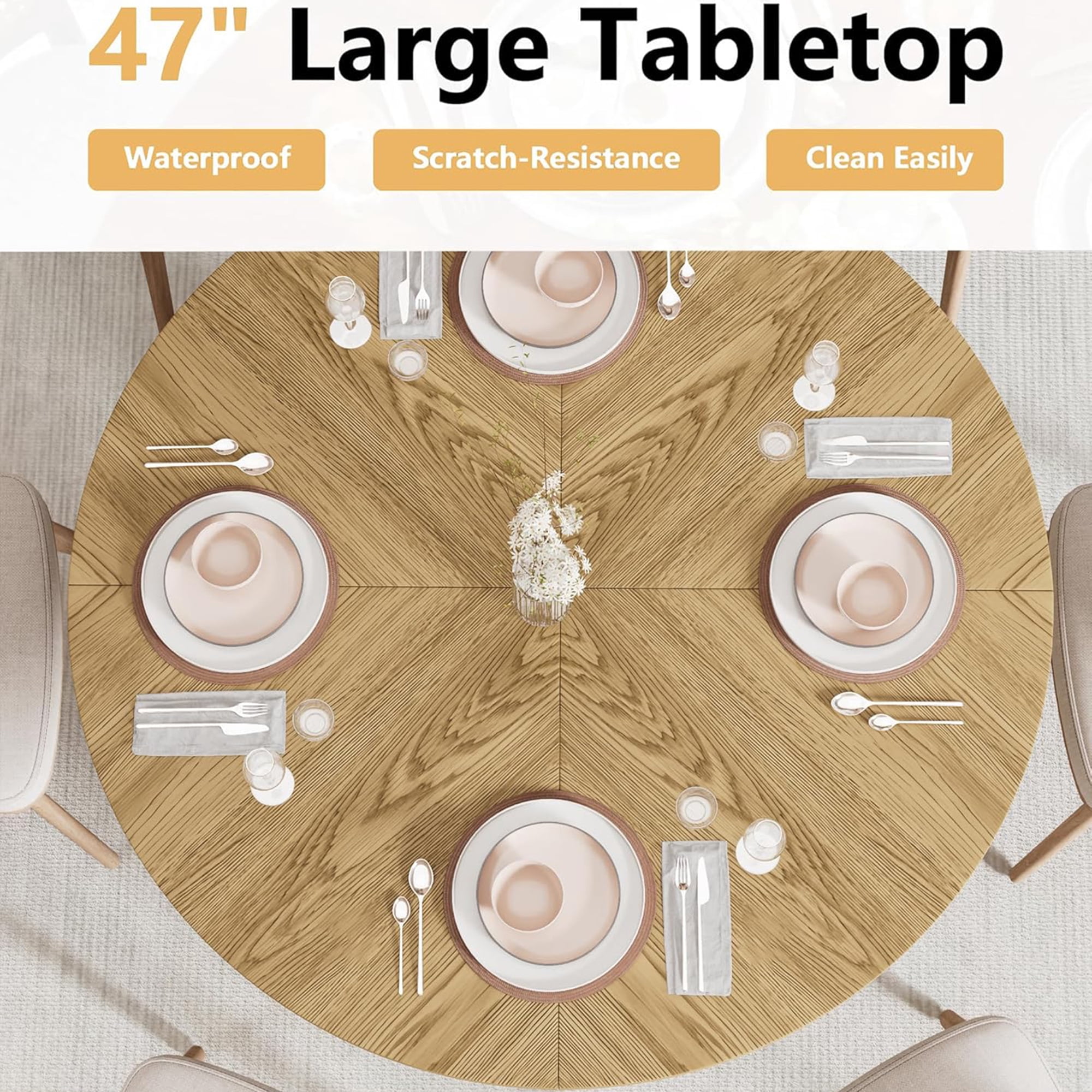 Fiogmub 47 inch Round Dining Table for 4, Circle Kitchen Table with Storage Shelf, Modern Dinner Table for Living Room, Wood Color