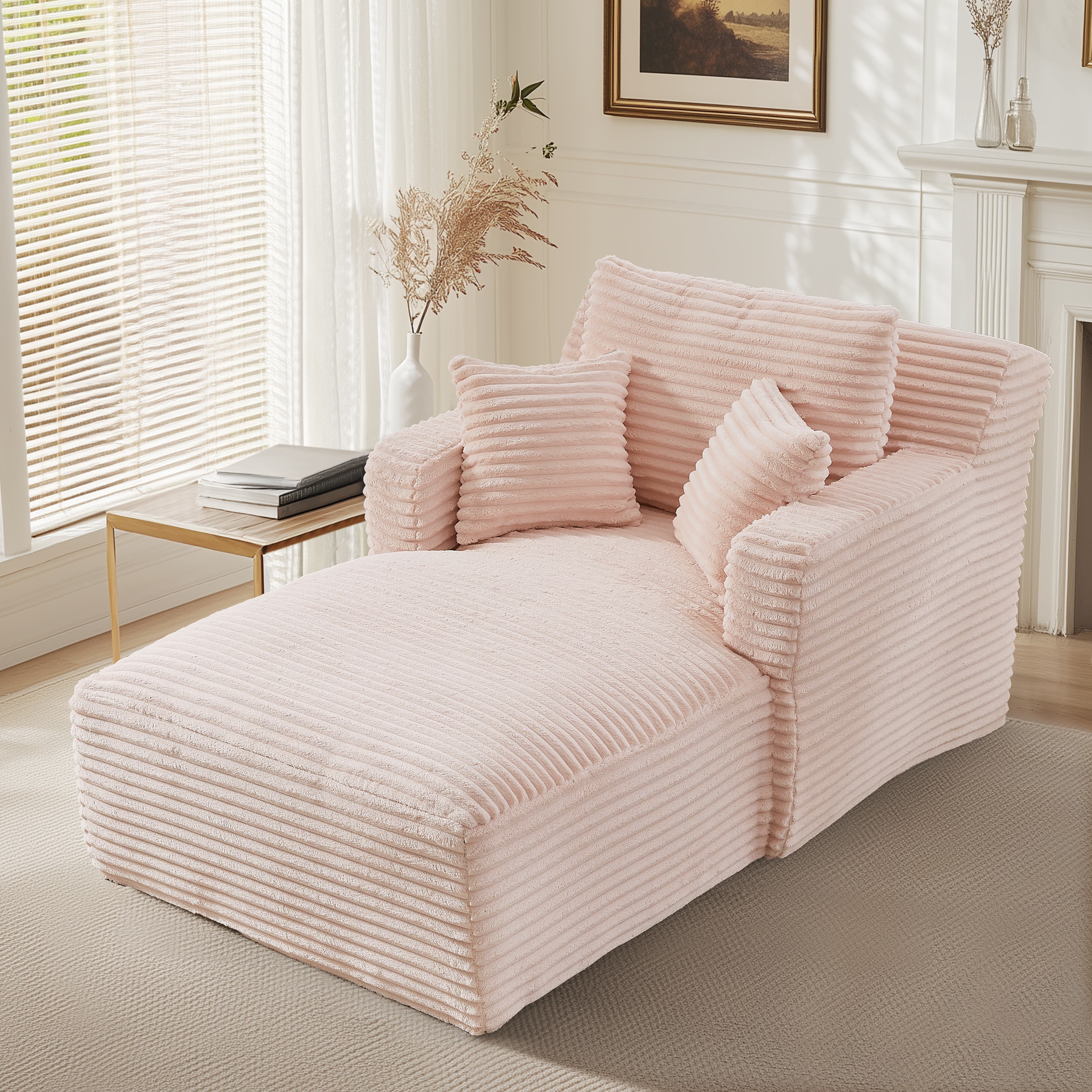 MAYEERTY Single Corduroy Chaise Lounge Sofa, Modern Couch with Spring Cushion for Apartment, 65*39*33"Pink