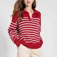 thumbnail image 2 of Htigea Striped Sweaters for Women Stylish V Neck Jumpers Long Sleeve Lapel Pullover Preppy Knit Sweater Tops Red L, 2 of 7