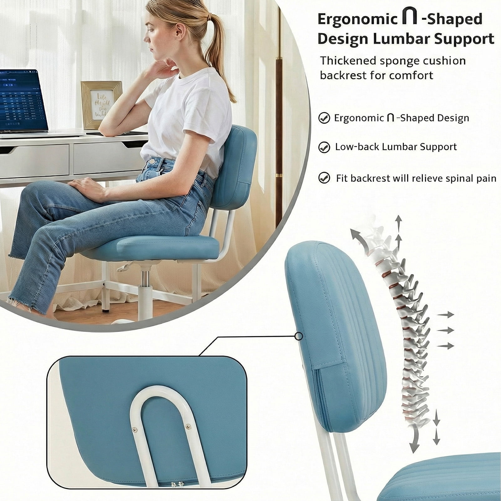 edx Adjustable Height Armless Office Desk Chair with Wheels, PU Leather Mid Back 360°Swivel Small Computer Chair, Modern Task Chair for Home Office Reading Meeting Room, Blue