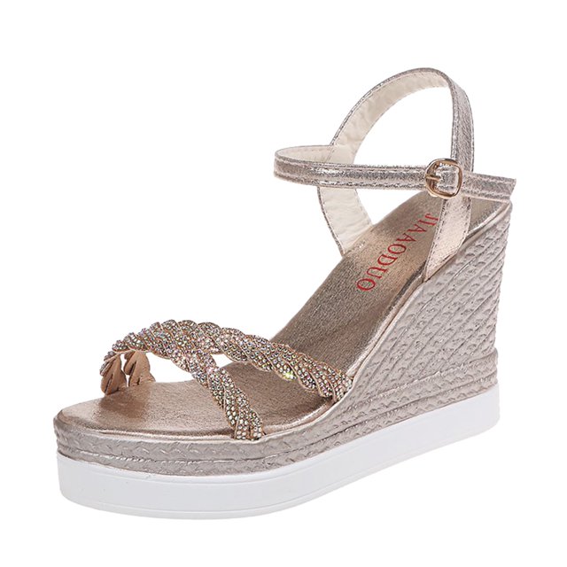 nsendm Sandale Femme Adulte Style Bout Ouvert Mode Plateformes Cristal Talons Compensés Léopard Or 8.5