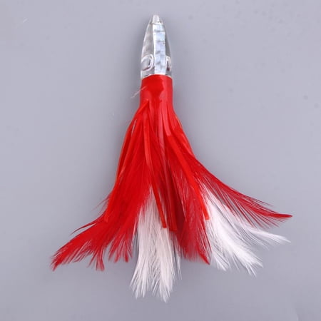 koolsoo Soft Squid Lure Artificial Fishing Lure Simulation Squid Feather Skirt for Tuna Marlin Wahoo - Red White