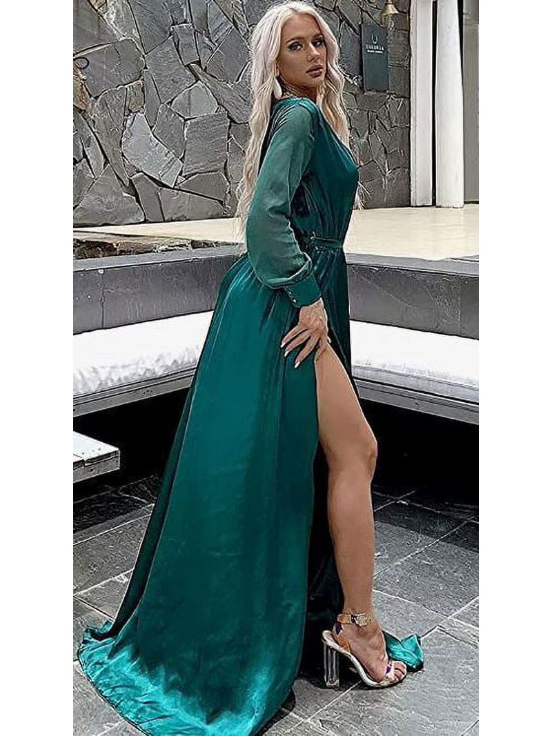 Miss Ord Women's Sexy Deep V Long Sleeve High Split w Belt Maxi Cover Up  Dress S - Walmart.com