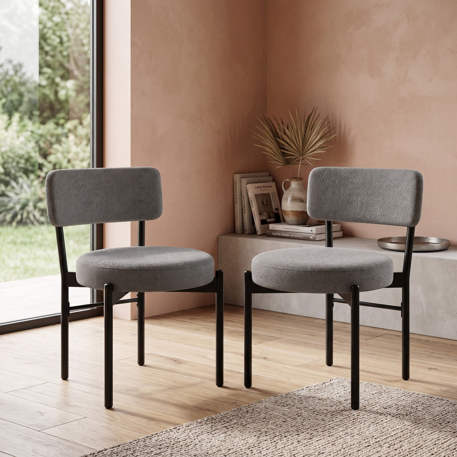 Furnibear Dining Chair Set of 2, Upholstered Sherpa Fabric Kitchen Chairs with Curved Backrest, Padded Seat and Metal Legs for Dining Room, Cafe, Restaurant, Gray