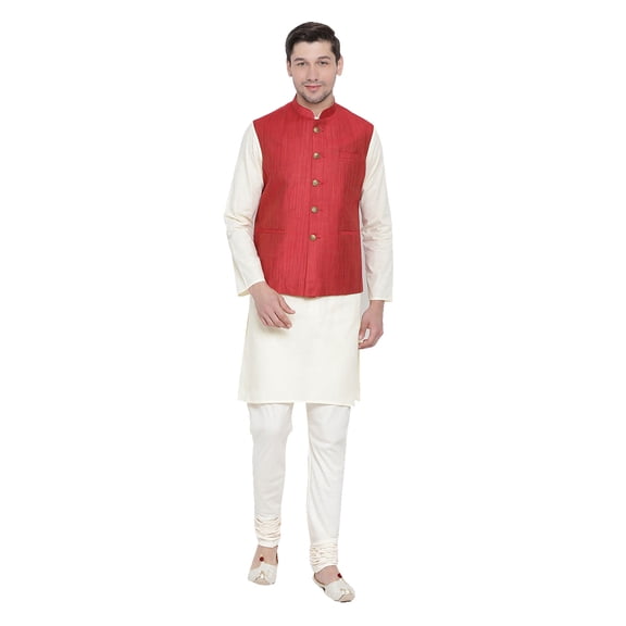 ELINA FASHION Men's Indian Silk Blend Kurta Pajama And Nehru Jacket (Waistcoat) Wedding Traditional Diwali Puja Set