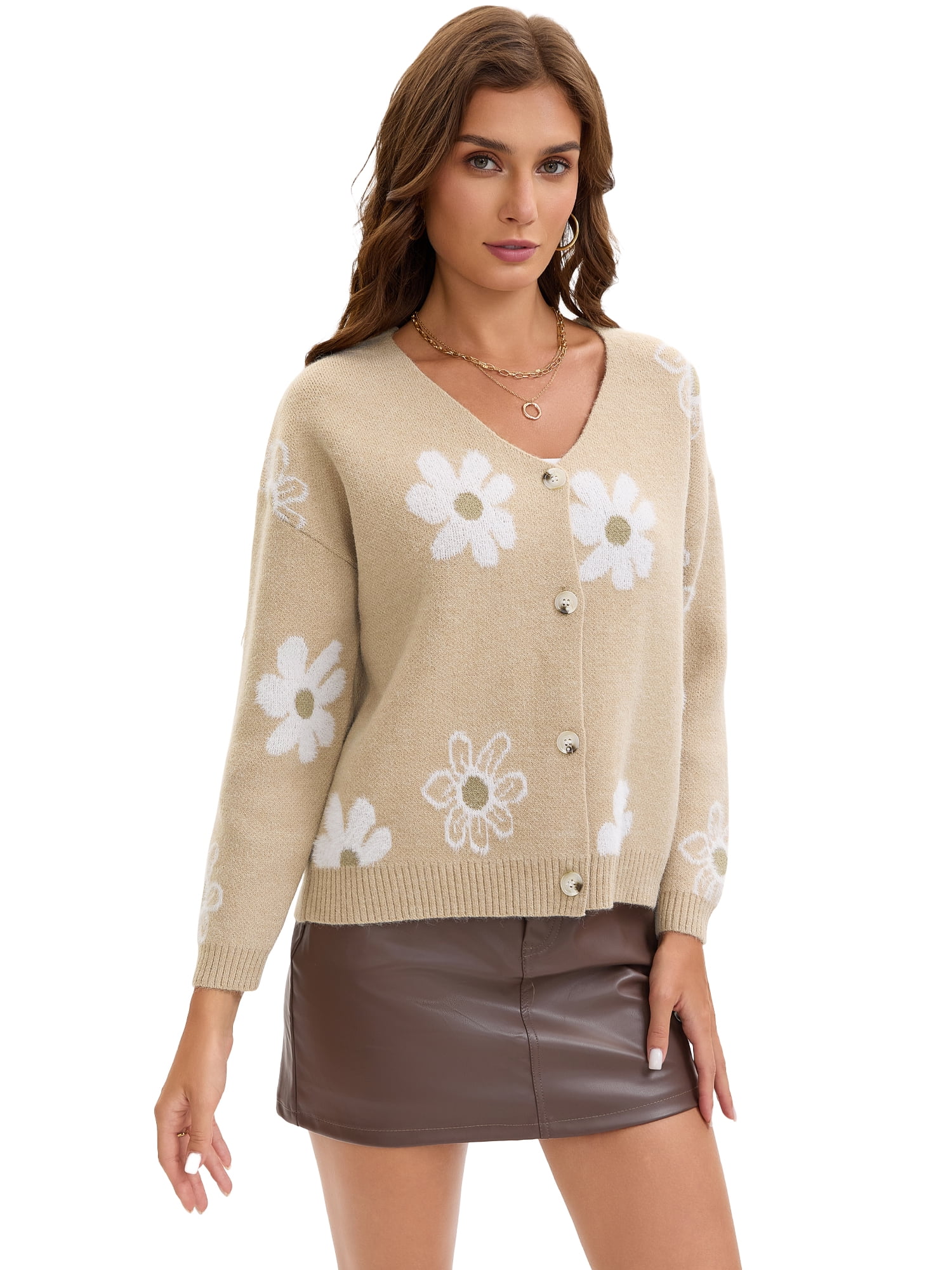 DARING DIVA Women's Button Down Open Front V Neck Floral Print M Khaki