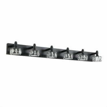 43.9" Modern 6-Light Matte Black Vanity Light - LED Bathroom Wall Sconce with Crystal Glass Shades, Dimmable 6000K Daylight for Mirror Lighting
