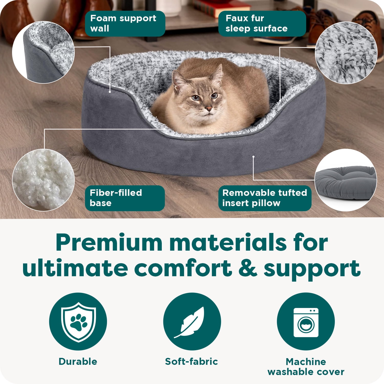 FurHaven Pet Products | Two-Tone Fur & Suede Oval Pet Bed for Dogs & Cats - Small, Gray