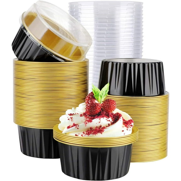 Siloon Baking Cups Aluminum Foil, 5oz 50pcs Reusable Cupcake Cups with Lids, 3.34"x2.59"x2.35" Pie Ramekins, Desserts Flans, Custard Cake Pudding Jello Cups, Catering Party Favor-Black Gold