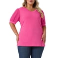 thumbnail image 1 of Blusas casuales de manga abullonada de puntos suizos para mujer de tallas grandes Agnes Orinda, escote en V, 1X, rosa intenso, 1 of 6