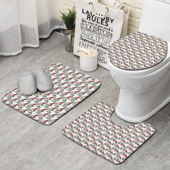 White Christmas Truck and Tree Pattern Bathroom Rugs Sets 3 Piece,Toilet Cover Set,Absorbent Non Slip Bathroom Mats Sets with U-Shaped Contour Rug Toilet Rug Set