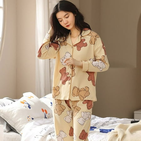 

CoCopeaunt Spring and autumn pajamas womens cotton suit lapel cardigan loungewear home casual comfortable skin-friendly sleepwear pajama