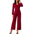 thumbnail image 2 of INSPIRE CHIC Women's V Neck Long Sleeve High Waist Wide Leg Casual Jumpsuits with Pockets XL Wine Red, 2 of 6
