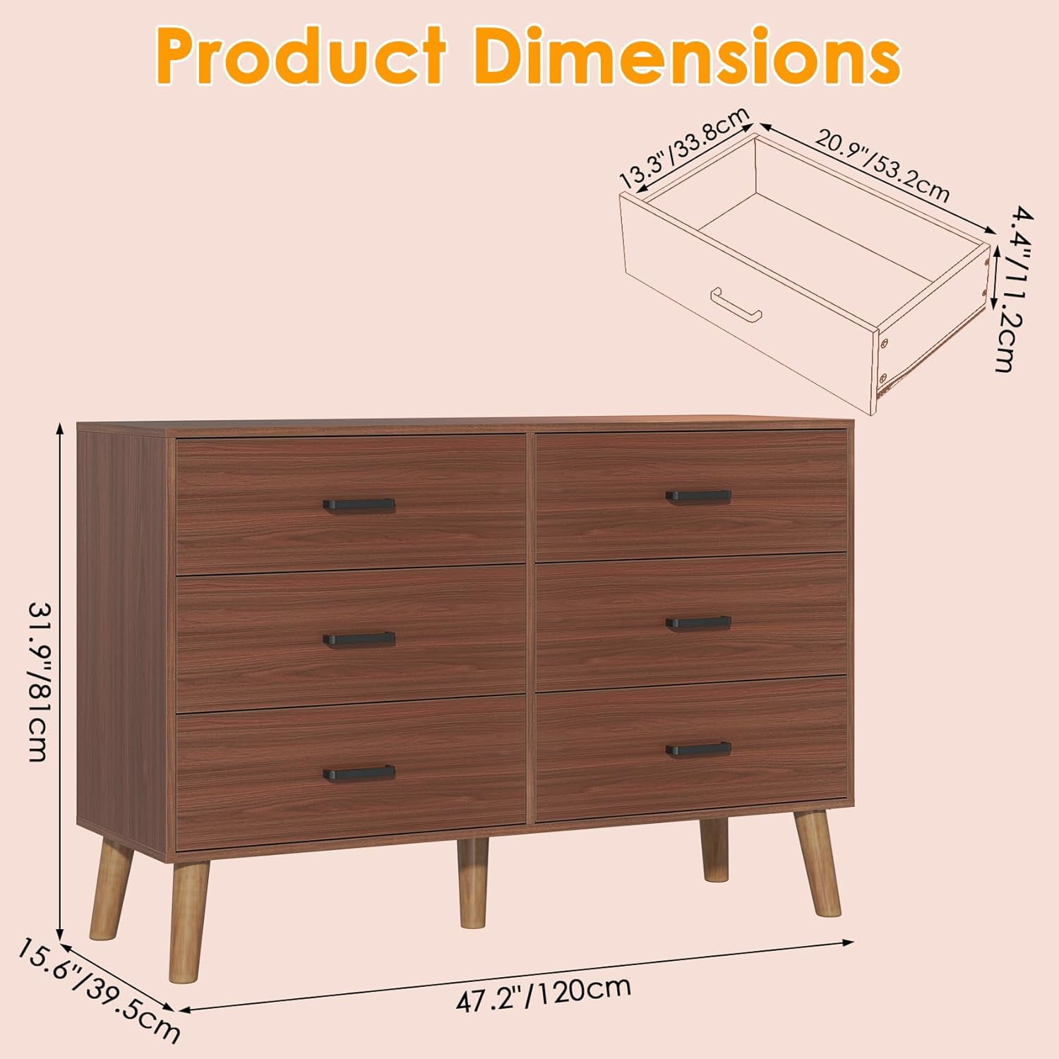 Meteorleg 6 Drawer Dresser for Bedroom, Wood Walnut Dresser with Wide Drawers and Metal Handles,Modern Dresser Chest for Bedroom,Living Room,Entryway
