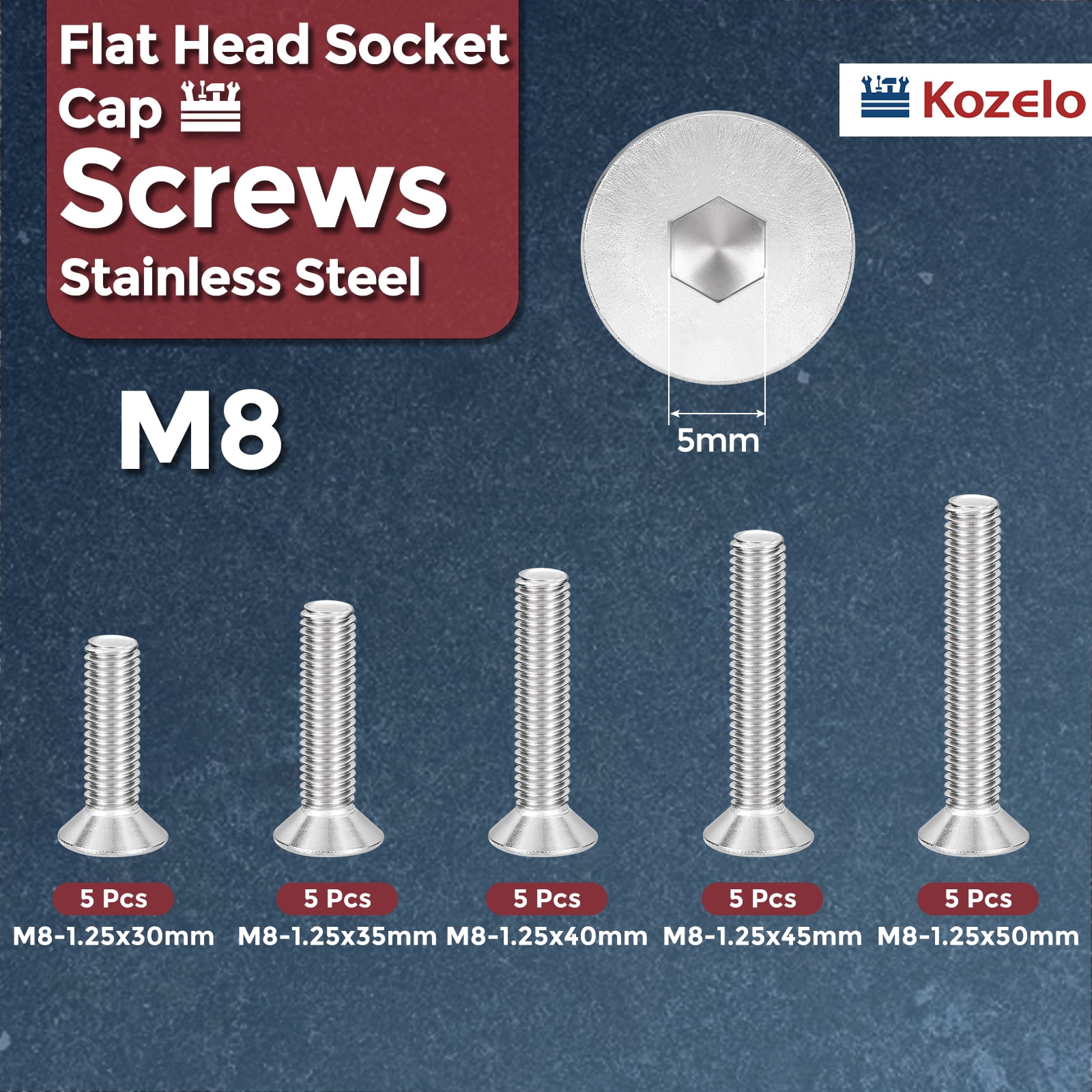 Uxcell 25Pcs Flat Socket Cap Screws - [M8x1.25x30/35/40/45/50], 304 Stainless Steel 18-8 Countersunk Bolt, Silver, for Automotive, Furniture Repair, Industrial Equipment Fixes