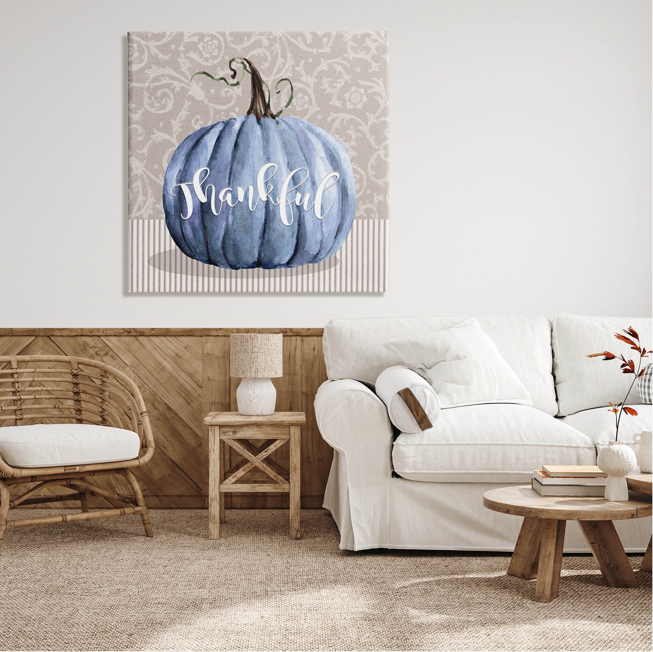 Stupell Industries Thankful Patterned Fall Pumpkin Graphic Art Gallery Wrapped Canvas Print Wall Art, Design by Livi Finn