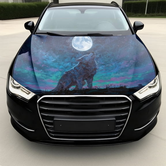 Howling Wolf Full Moon Galaxy Car Hood Vinyl Decal, Irregular Graphic Engine Cover Wrap Sticker, Universal for Truck SUV, 59×39 Inches