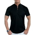 thumbnail image 1 of Tenmix Mens Buttons Blouse Loose Fit Summer Tops Short Sleeve Daily Wear T Shirts Henley Neck Basic Tee Black M, 1 of 4