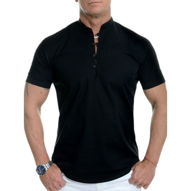 Tenmix Mens Buttons Blouse Loose Fit Summer Tops Short Sleeve Daily Wear T Shirts Henley Neck Basic Tee Black M