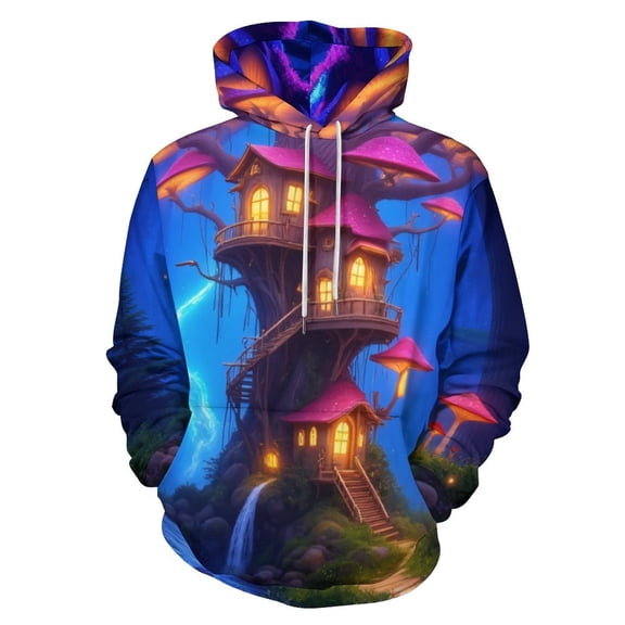Enchanted Mushroom Treehouse Men's Women Vintage 3D Hooded Sweatshirt - All-Season Loose Fit Streetwear
