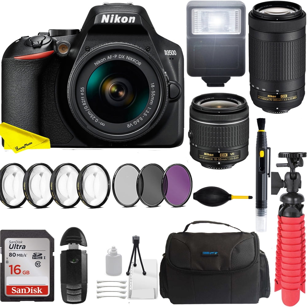 Tripod 2 Pack Sandisk 64GB Memory Card Nikon D3500 DSLR Camera with 24.2 MP Sensor NIKKOR 18-55mm f/3.5-5.6G VR Lens ZeeTech Accessory Bundle Bag Flash Light 