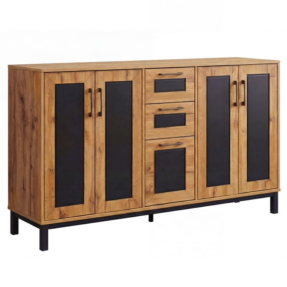 Furnibear 63" Modern Storage Sideboard Console Cabinet with 3 Drawers and Adjustable Shelves for Dining Room Entryway - Natural