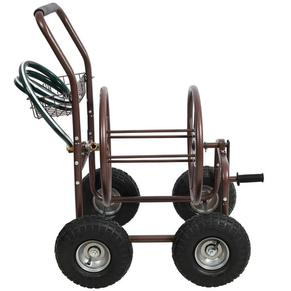 Heavy Duty Metal Hose Reel Cart With Wheels - Bronze Steel Frame 250 Ft Capacity Garden Organizer