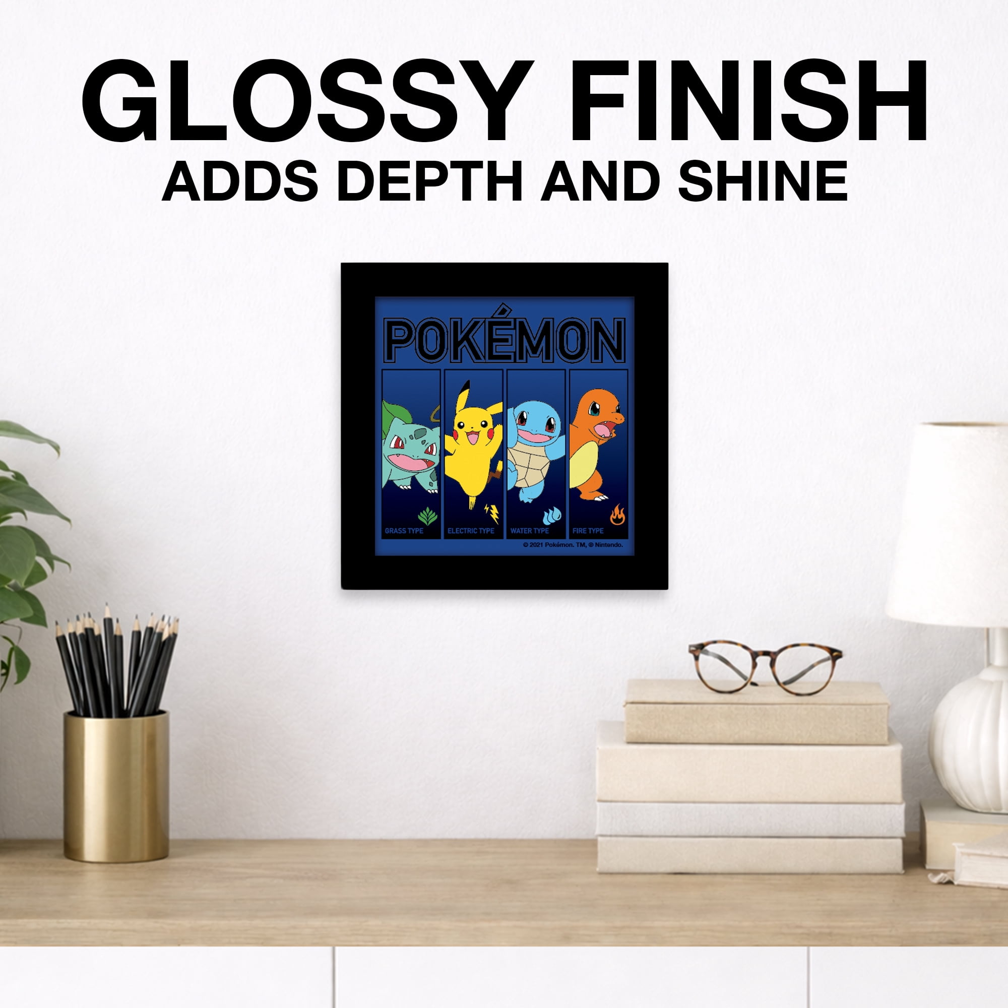 (2 pack) Silver Buffalo Pokemon Starter Binding Types Gel Coat 6" x 6" Framed MDF Modern Wall Art