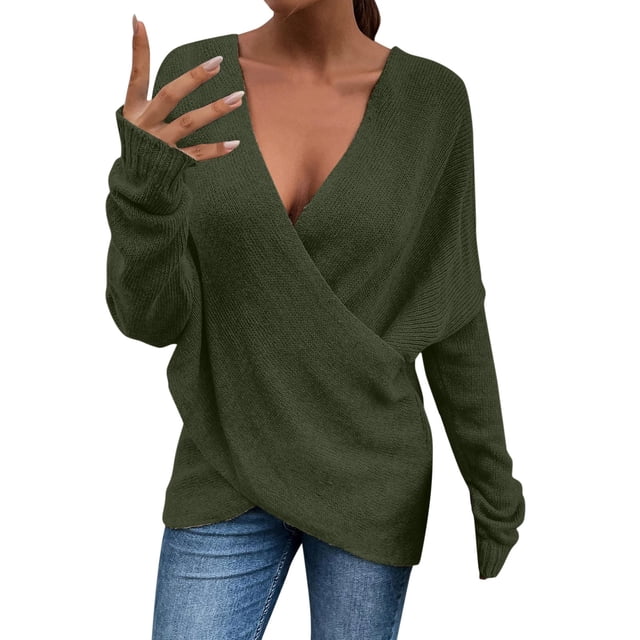 Gibobby Suéter de invierno para mujer, Suéter corto para mujer, cuello en V, manga larga, suéter casual(Verdemilitary,XG)