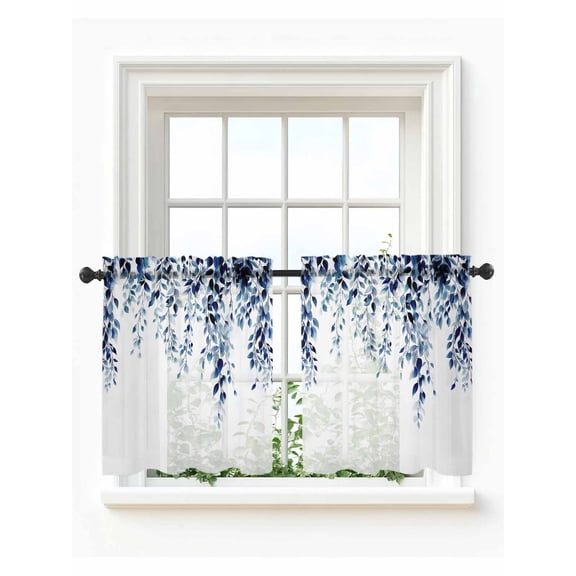 Blue Eucalyptus Tier Curtains 24 Inch Length,Sheer Curtains for Bedroom Living Room Window Weeping Botanical Leaf Watercolor Rod Pocket Drapes Kitchen Curtains Small Half Window 27.5"x24" 2 Panels