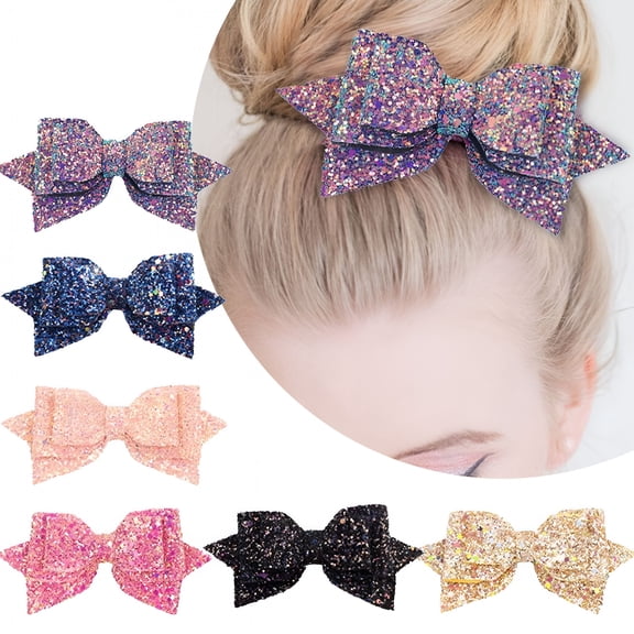 TUWAFE 5 Inch Glitter Sequins Big Hair Bows 6 Pcs for Baby Girls Teens Toddlers
