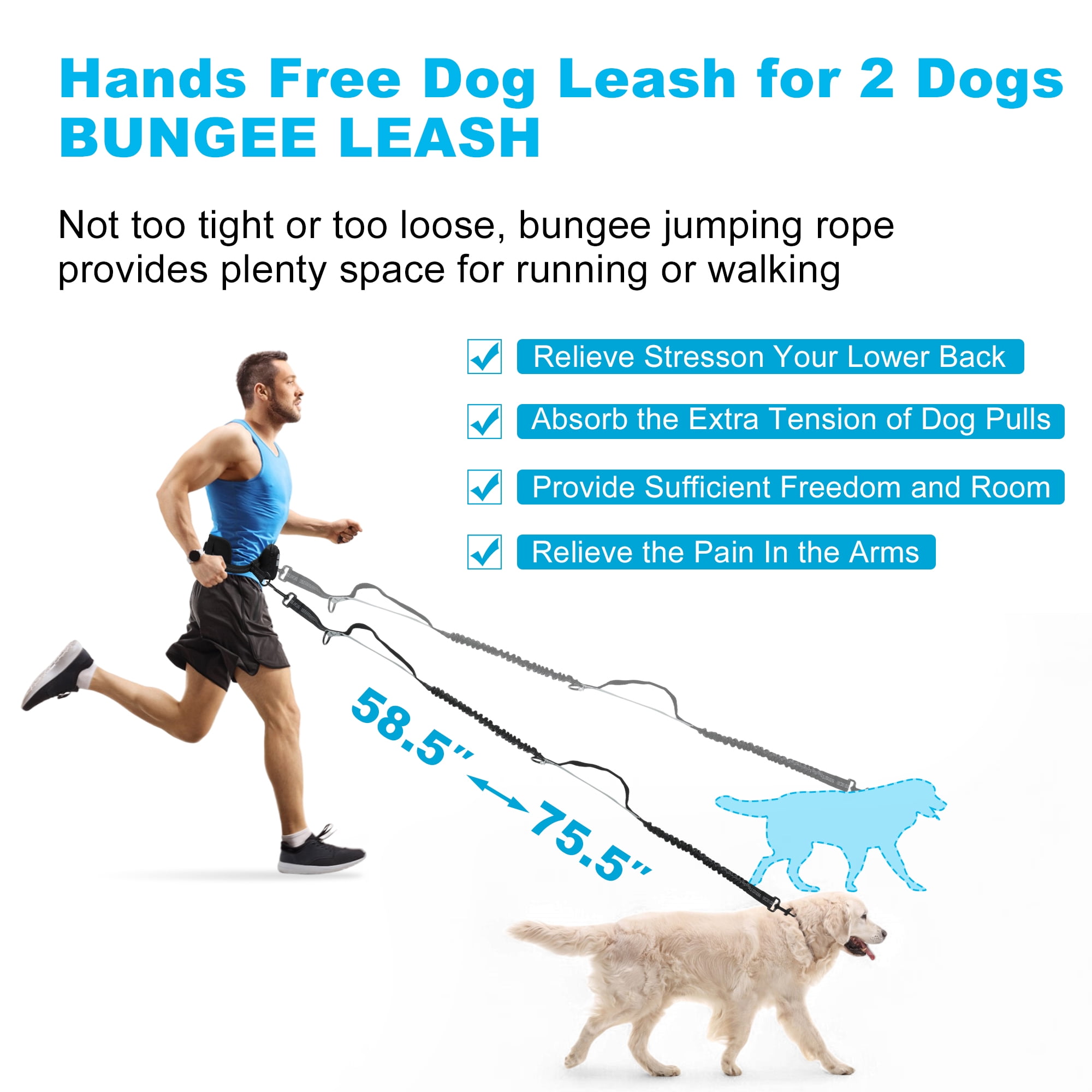 Unique Bargains Hands Free Dog Leash Retractable Bungee with Double Padded Handles Waist Leash for Dog Walkings Running Leash with Pouch for Dog Black Silver Gray