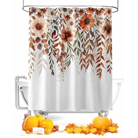 Fall Orange Floral Shower Curtain Set ，Waterproof Fabric Shower Curtains Flower Leaf Shower Curtains for Bathroom,Bathroom Decor 48"x72"