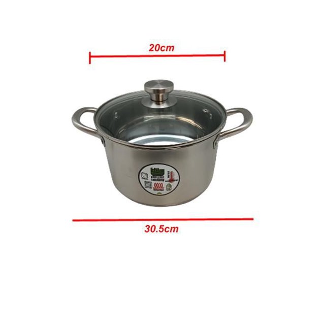 Sunwealth 5-ply bottom 5.12 quart heavy duty stainless steel soup pot with glass lid, 20 cm diameter and 30.5 cm width including cool-grip handles, featuring a tinted glass lid with steam vent, oven and dishwasher safe, suitable for cooking soups and stocks for 2 to 4 persons.