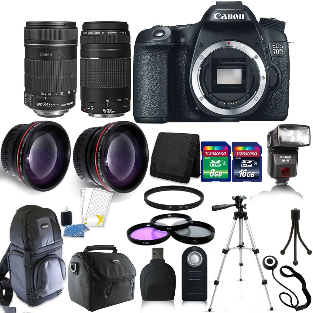 Canon EOS 70D DSLR Camera + 4 Lens Kit 18-135, 75-300 + 24GB Accessory ...