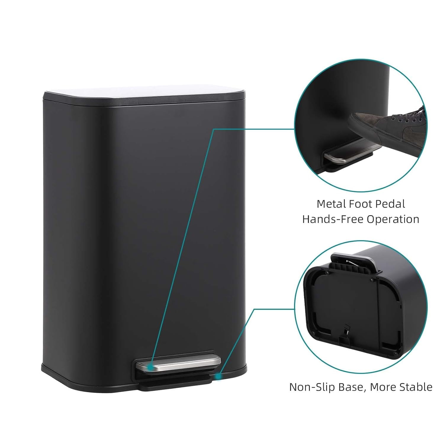 3.2 Gallon Bathroom Trash Can with Lid, Stainless Steel Foot Pedal Step Waste Bin, Removable Inner Bucket, Rectangular Small Garbage Can for Kitchen, Living Room, Black