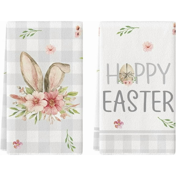 Happy Easter Bunny Flower Kitchen Dish Towels, 18 x 26 Inch Seasonal Spring Easter Rabbit Ultra Absorbent Drying Cloth Tea Towels for Cooking Baking Set of 2