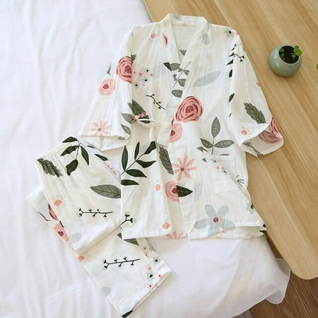 

CoCopeaunt Rose Printed Ladies Kimono Style Pajamas Set Loose Thin V-Neck Three-Quarter Sleeves Gauze Cotton 2Pcs Sleepwear Loose Homewear