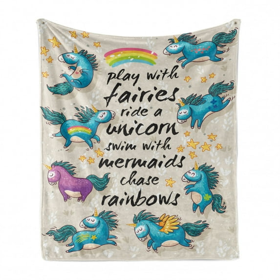 Cartoon Soft Flannel Fleece Throw Blanket, Mythical Unicorns Stars and Rainbow Creature Kids Theme Print, Cozy Plush for Indoor and Outdoor Use, 50" x 70", Beige Teal Blue, by Ambesonne